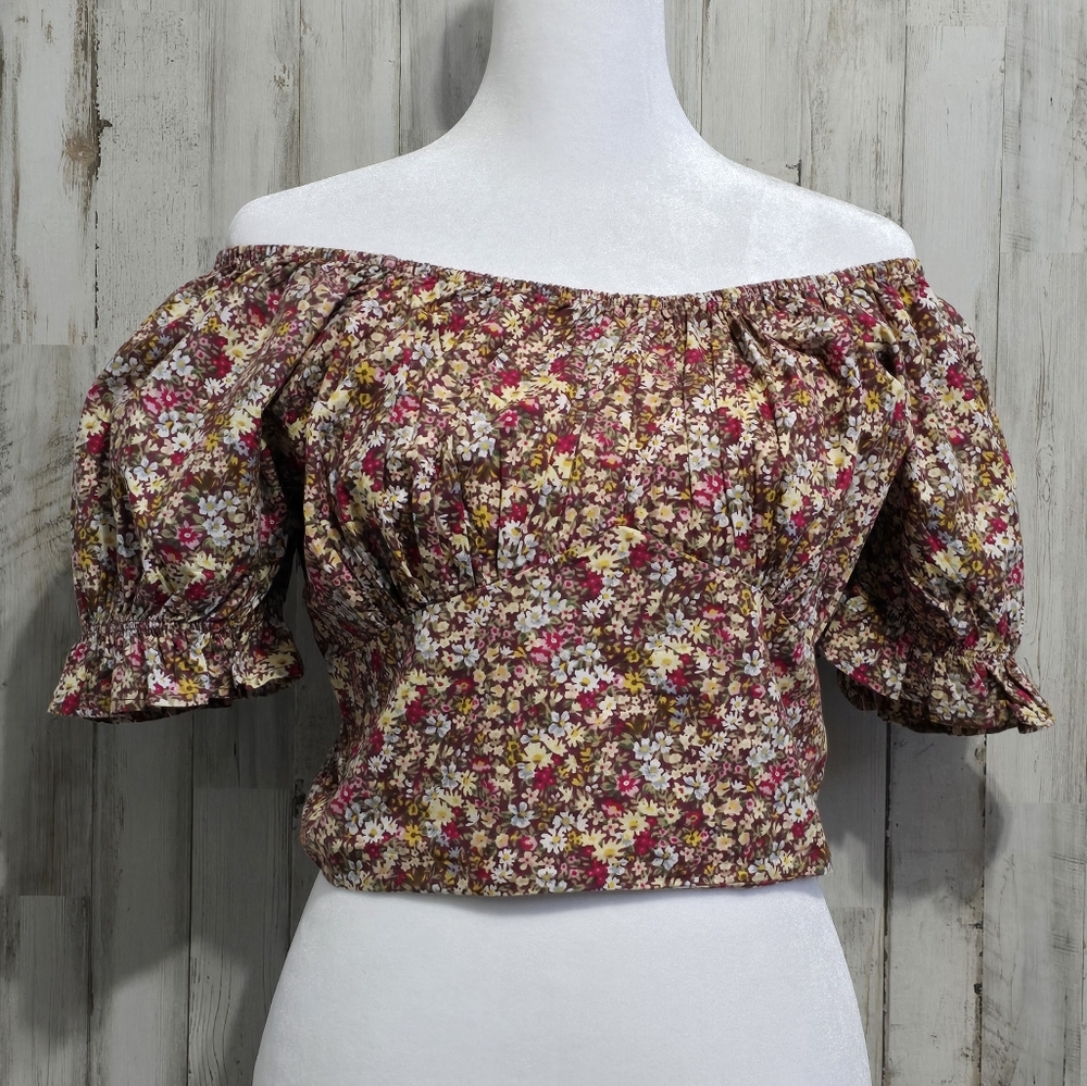 Sim & Sam Burgundy Multi Color Floral Smocked On Off Shoulder Crop Top Size XL